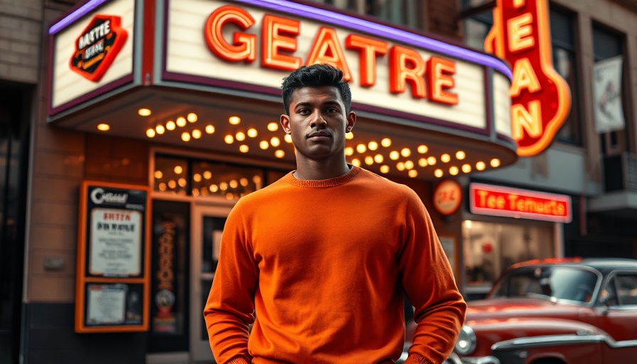 Man standing in front of Parkway theater wearing orange sweater, Joe Minjares obituary.
