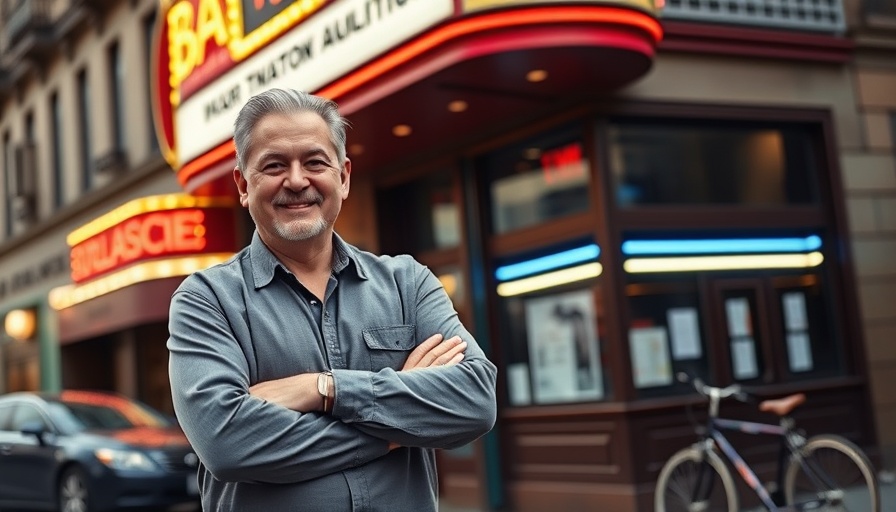 Outside Parkway theater, man in orange sweater smiling by Adrian's Bar.