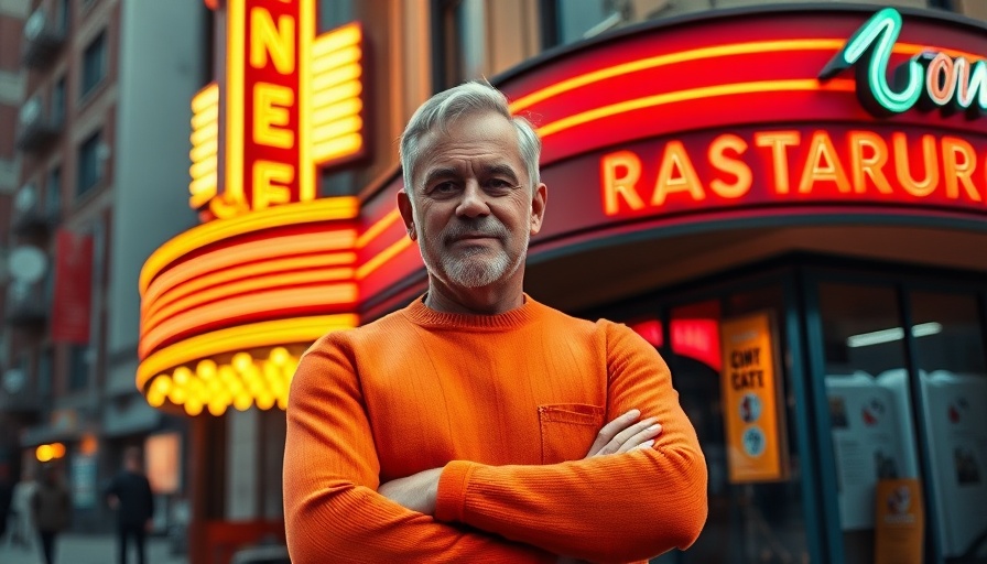 Middle-aged man in orange sweater in front of retro theater and restaurant.