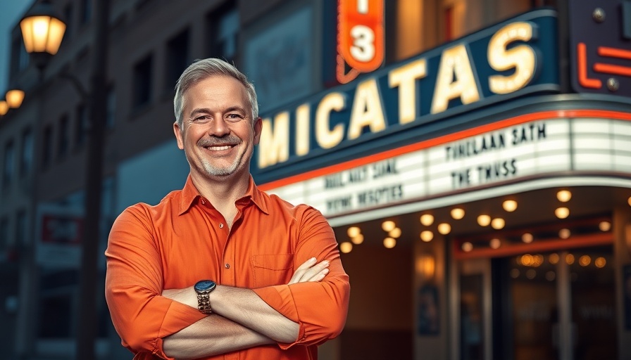 Middle-aged man in front of vintage theater marquee.