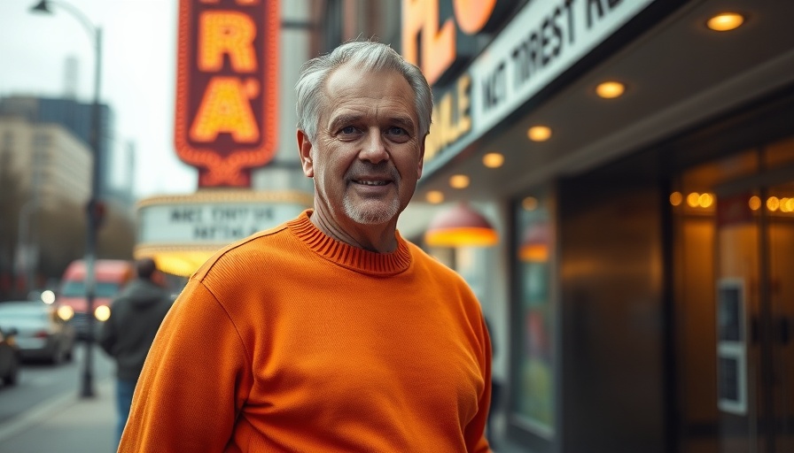 Middle-aged man in orange outside theater, confident pose.