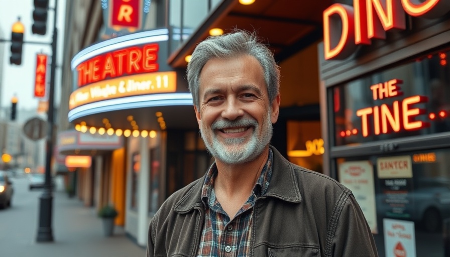 Man in orange sweater stands confidently outside vintage theater.