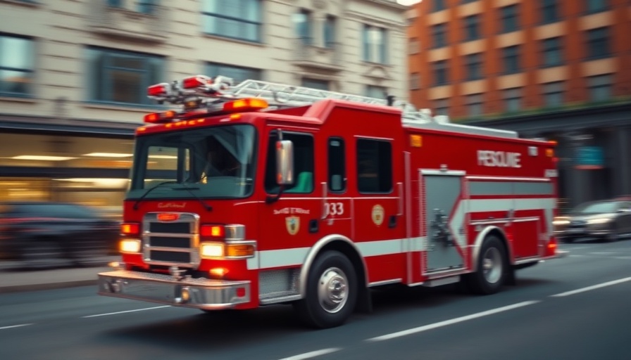 Rural Cook fire truck rushing through evening street.