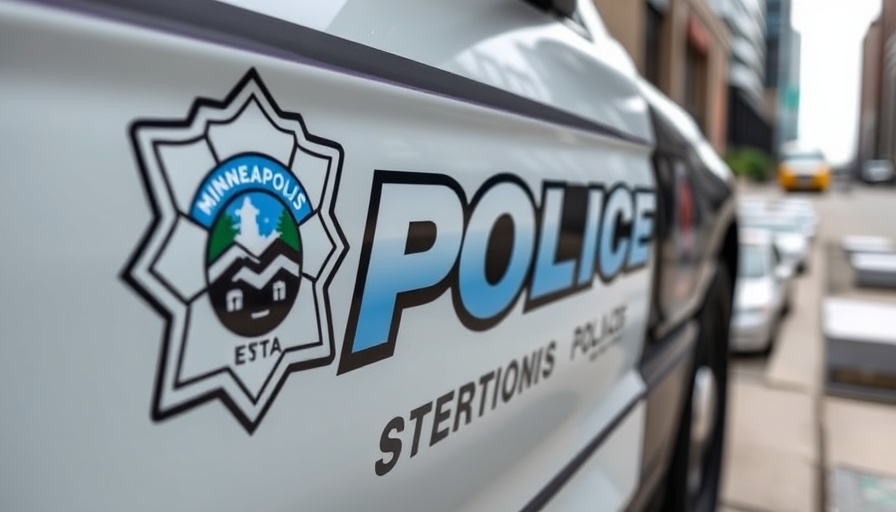 Minneapolis police car door close-up with emblem and slogan, related to shooting incident.