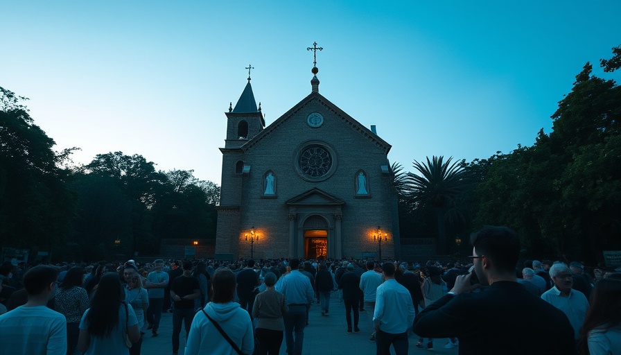 Crowd gathered at historic church in Goa at dusk.
