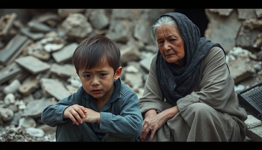 Emotional scene of a young boy amidst rubble in Gaza.