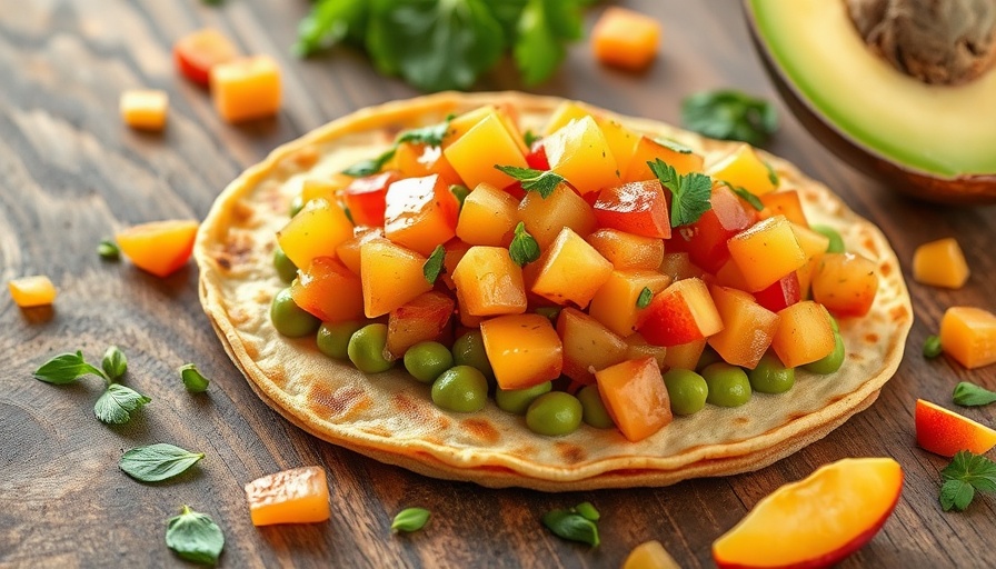 Edamame quesadillas with nectarine salsa on a rustic table.
