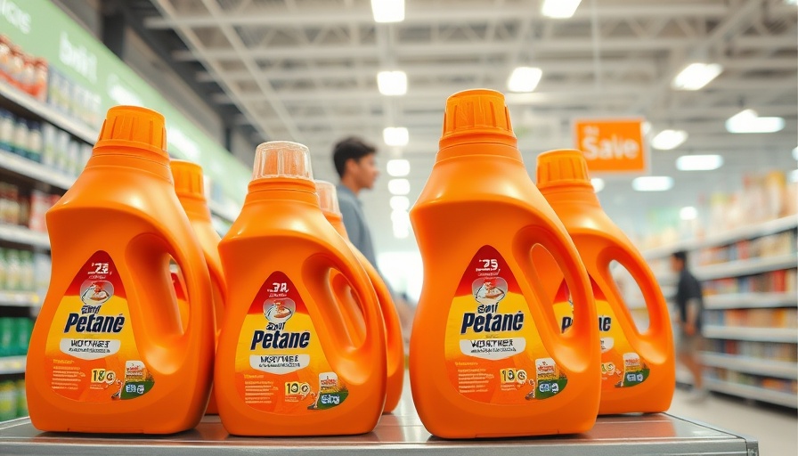 Wide-angle view of detergent bottles illustrating P&G price rises due to tariffs.