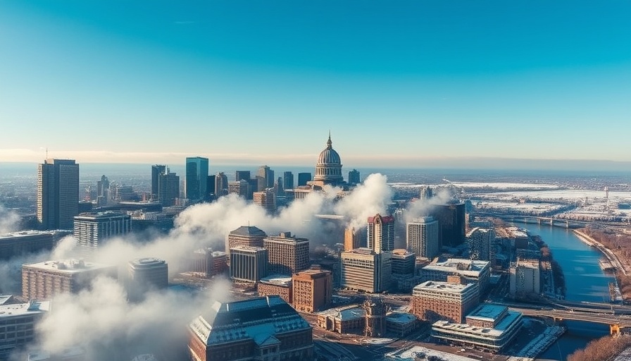 St. Paul skyline in winter showing steam and skyscrapers.