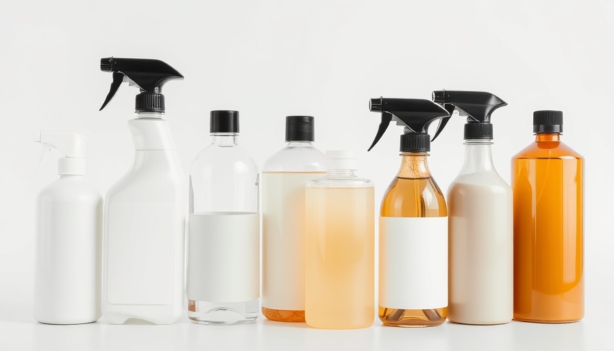 Assorted cleaning products in neutral tones, upright arrangement