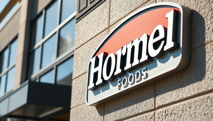 Hormel Foods logo on building exterior, brand sign.