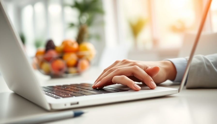 Person working on laptop with fruits on desk symbolizing healthy diet and public health.
