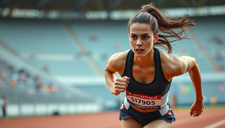 Female sprinter determined focus racing on track, vibrant sports scene.