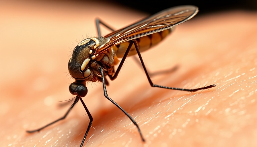Close-up of a mosquito biting human skin, West Nile virus Minnesota 2025.