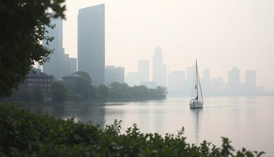Hazy Minneapolis skyline with sailboat foreground, air quality.