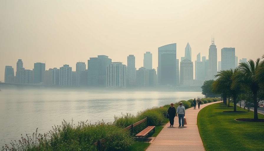 Hazy skyline in Minnesota with people by lakeside path.