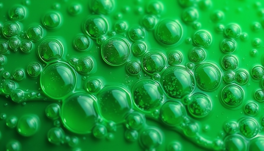 Abstract emulsion with green oil bubbles, showcasing emulsifiers in detail.