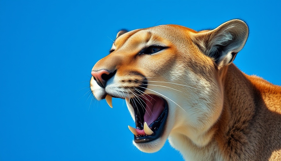 Mountain lion against blue background, mouth open.