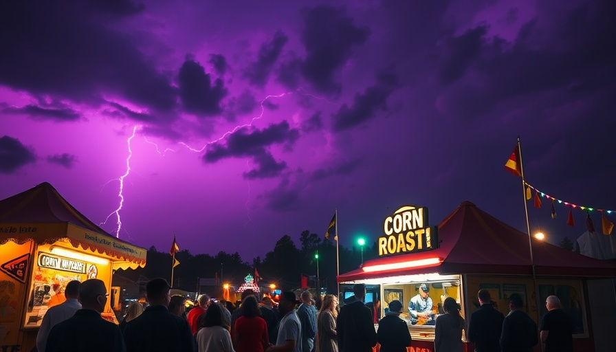 Nighttime Minnesota State Fair preparation with corn roast stand and purple sky.