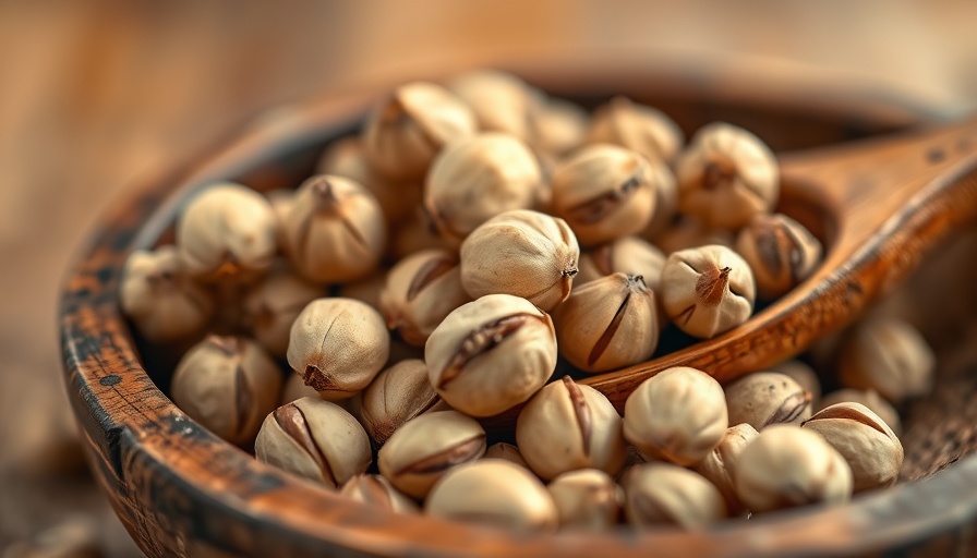 Close-up of pine nuts in a wooden spoon, related to Pine Mouth Syndrome.