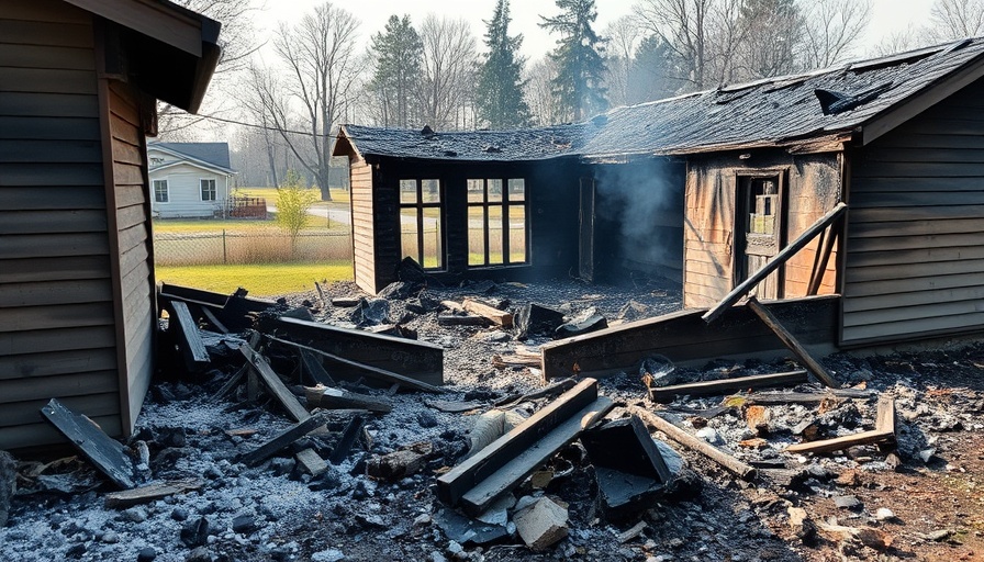 Charred remains of a family home lost to fire, debris scattered.