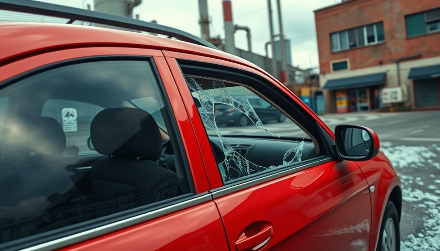 Minneapolis car break-ins: red vehicle with shattered window on urban street.