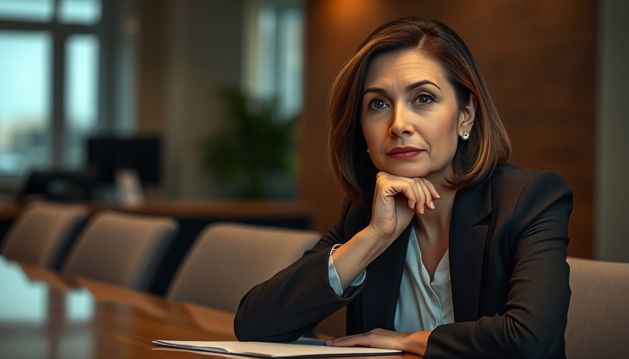 Woman at a conference table looking thoughtful during a meeting.