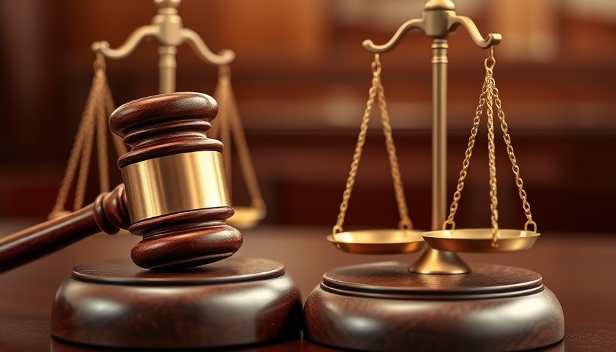Judge's gavel and scales symbolizing legal judgment in courtroom setting.