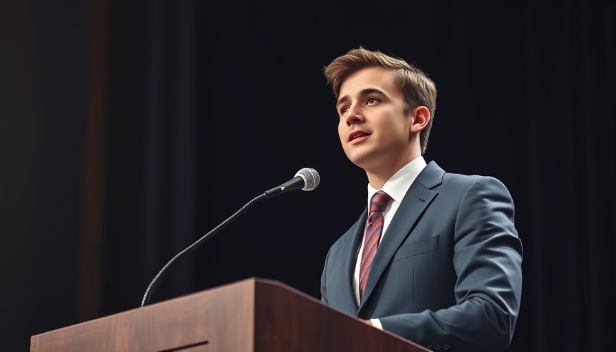 Young man speaking confidently on stage; DFL revokes Omar Fateh’s endorsement.