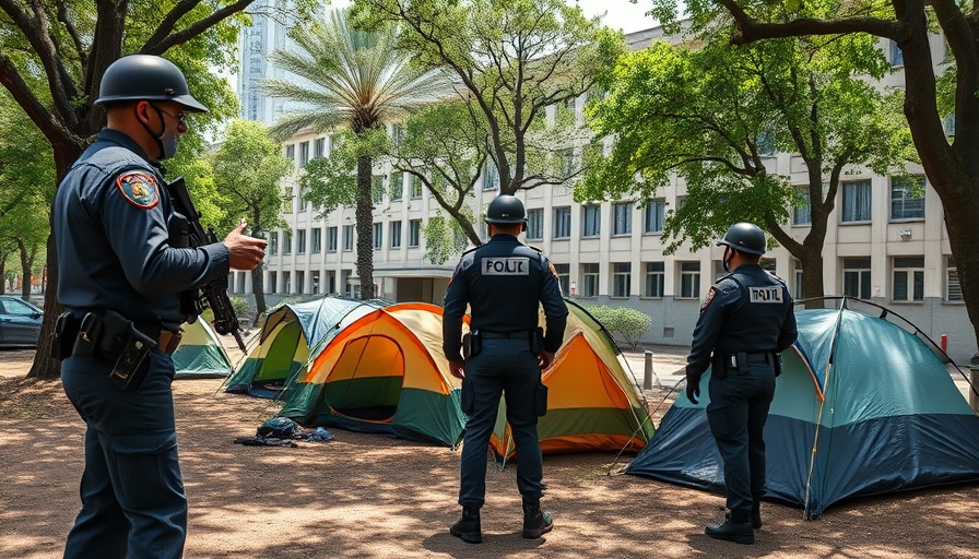 Officers inspect tents in urban park, Minnesota Housing Stabilization Support.