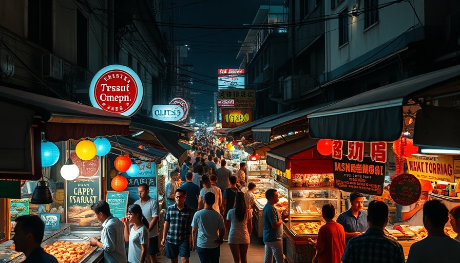 SingaPob 2025 vibrant street food market scene.