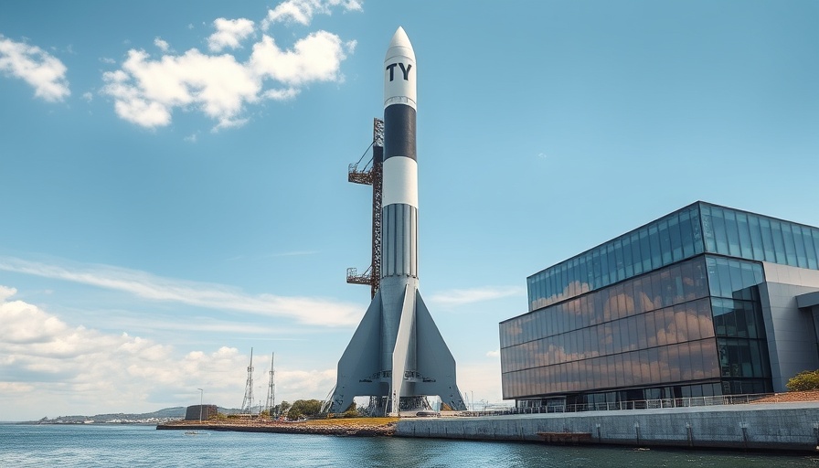 Super Heavy-Starship on launch pad reflecting in glass, coastal background.