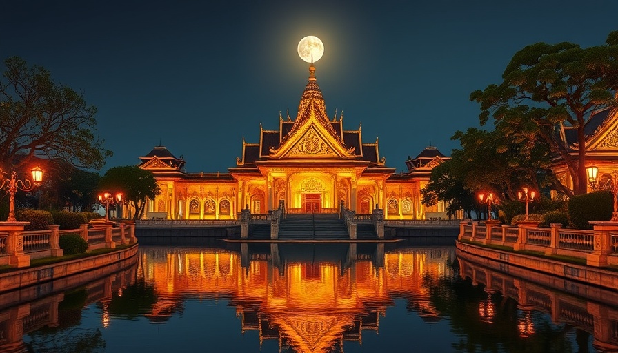 Elegant temple at night with moonlit canal in Pattaya