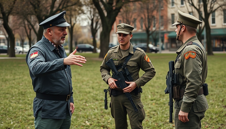 Uniformed soldiers in discussion with a man gesture in an urban park.