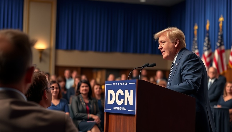 Speaker at the Minnesota DNC meeting in a conference hall.