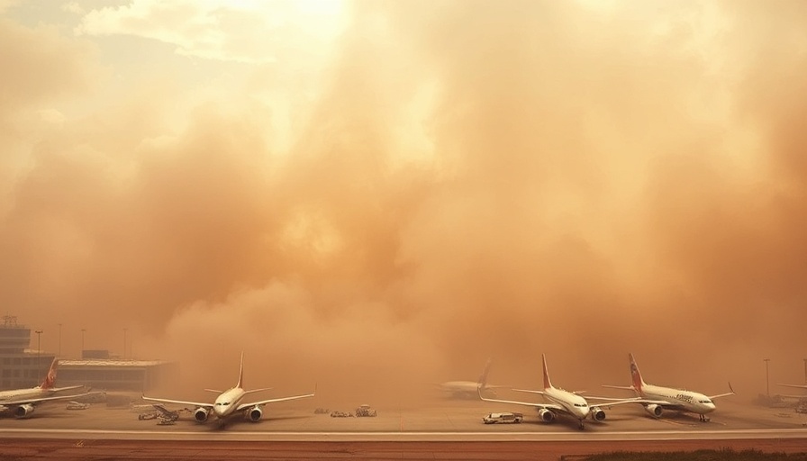 Dramatic haboob engulfing an airport with grounded planes.