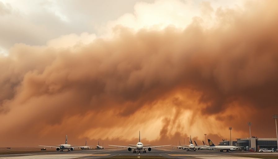 Massive haboob approaching an airport, dramatic overcast scene.