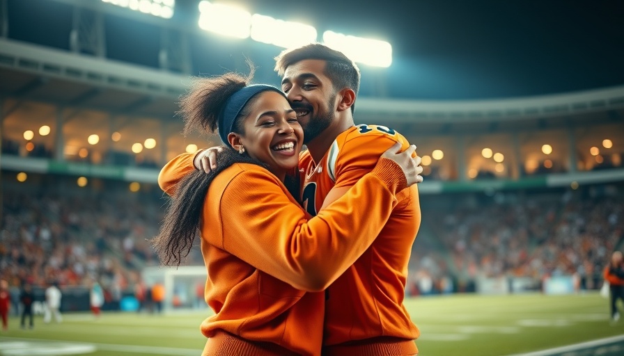 Football game celebration featuring a young woman and athlete embracing.