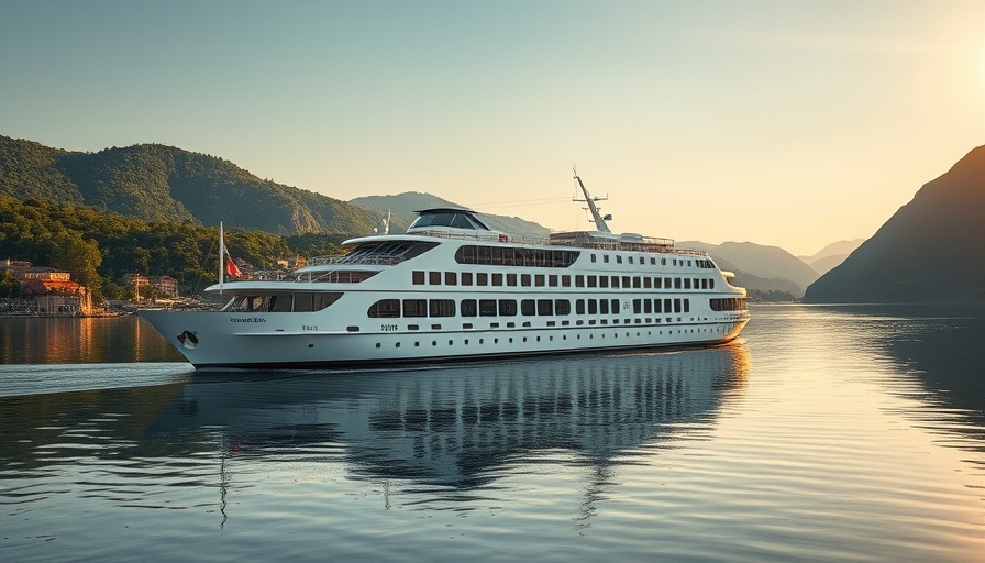 Marietta riverboat cruises under golden sun with green hills.