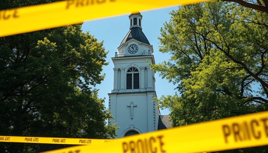 Police tape in foreground of Minneapolis Catholic school scene.