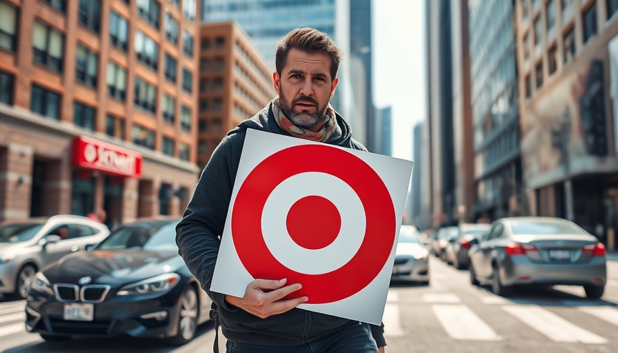 Protester with Target sign on city street, highlighting boycott and corporate accountability.