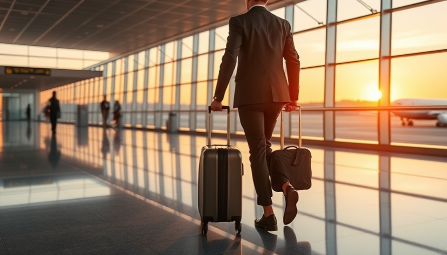 Business traveler at airport with suitcase during sunrise.
