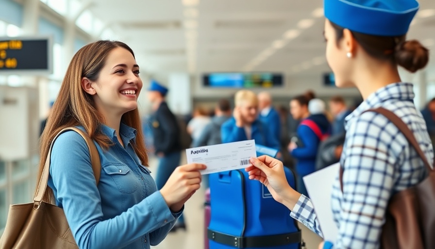 Traveler and flight attendant at airport check-in for sustainable travel in Europe.