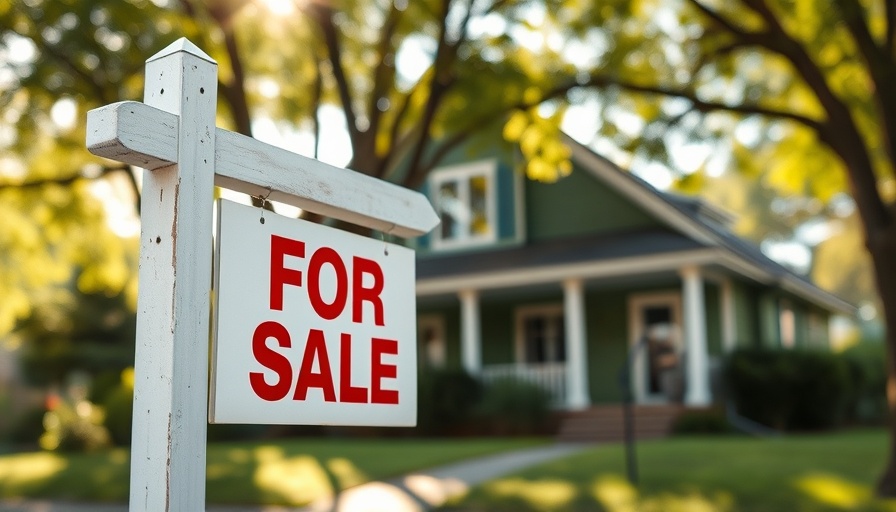 Close-up of 'For Sale' sign, blurred house, current mortgage rates.