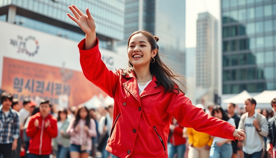 K-pop convention with performer in red jacket and crowd, visa issues