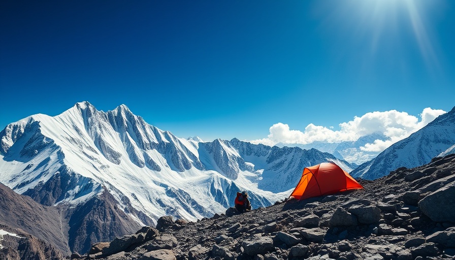 Rise in international visitors Manang Annapurna: climber with tent in snowy mountains.