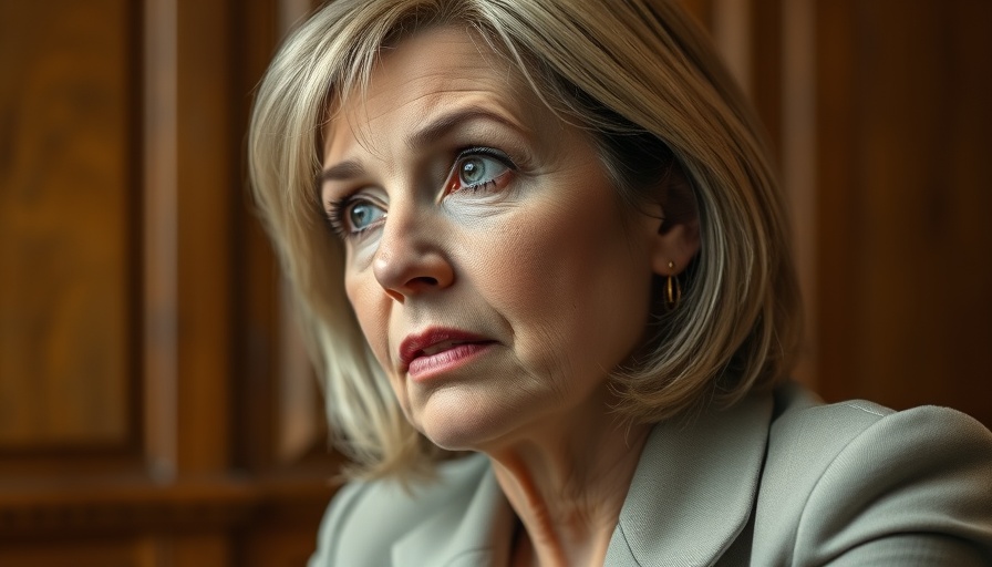 Close-up of a woman with attentive expression on legal discussion backdrop.
