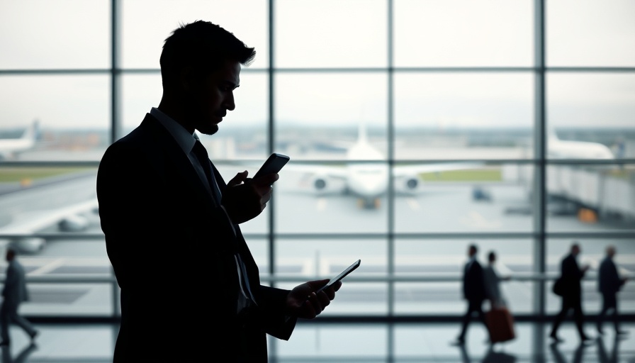 Businessman at airport using smartphone, waiting for IndiGo flights.