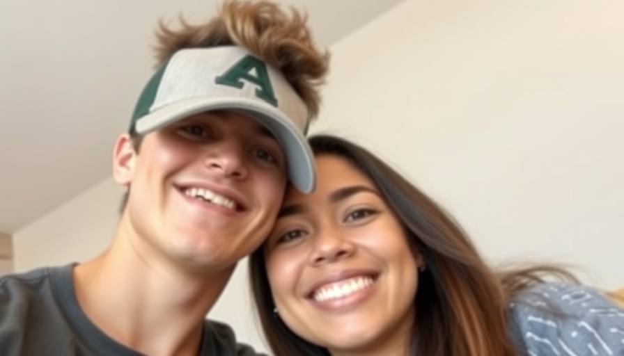 Casual selfie of two young people smiling indoors.
