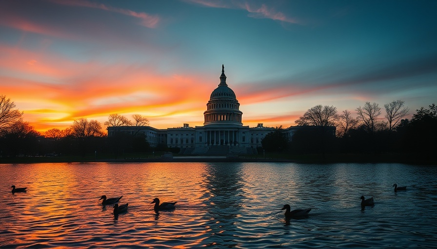 Twilight over the U.S. Capitol reflecting on water, symbolizing government shutdown impact.
